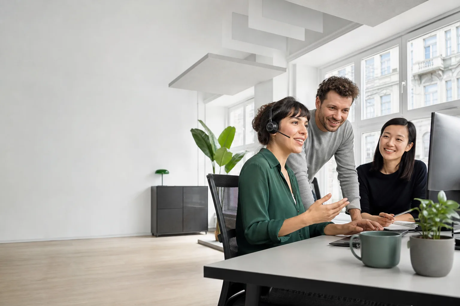 Klantenserviceteam werkt samen tijdens een meertalig gesprek